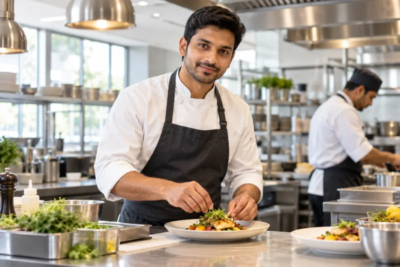 A chef at work in a professional hotel kitchen