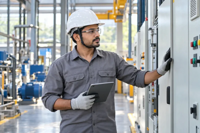 An electrical maintenance professional in an industrial workshop