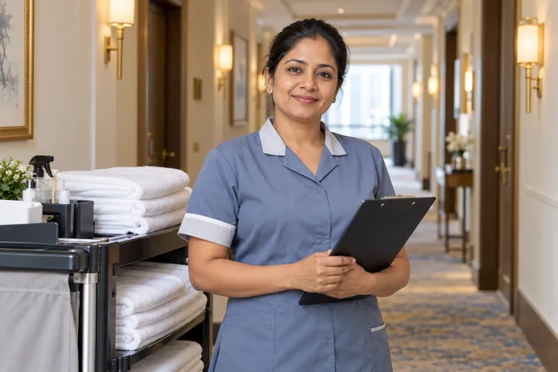 A housekeeping professional beside a linen trolley