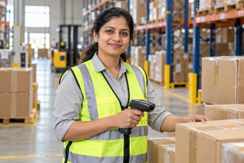 A warehouse professional with an inventory scanner